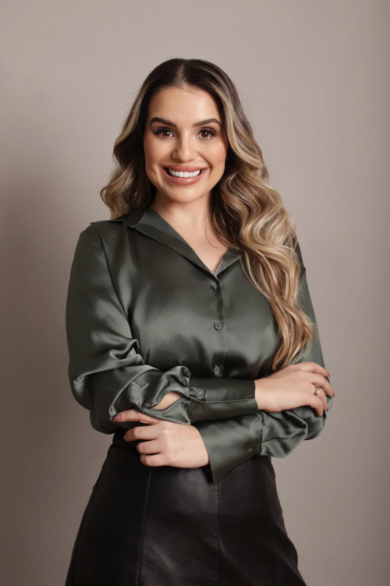 Dra. Daphine Brutomesso, médica endocrinologista, sorrindo de braços cruzados